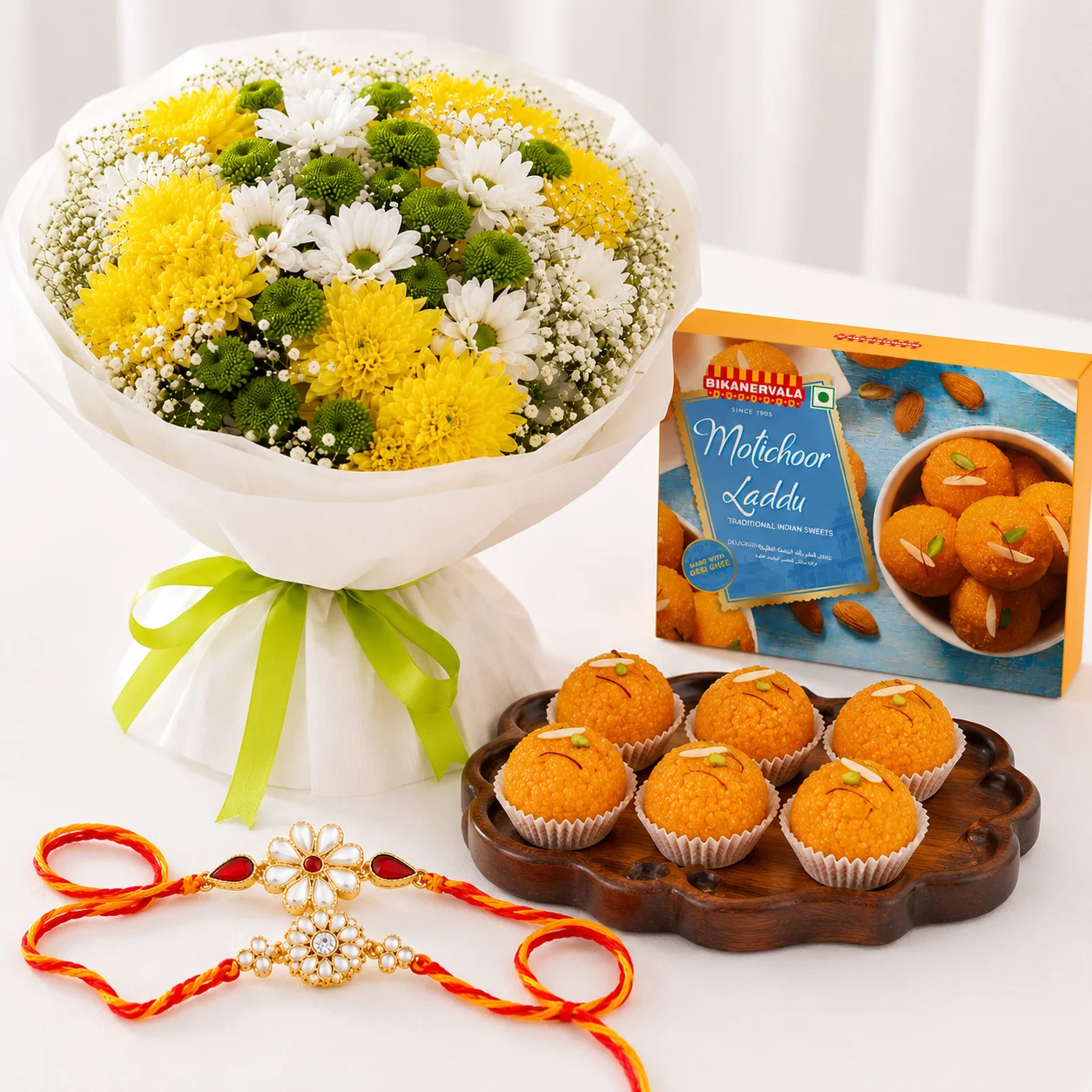 Floral, Laddoo and Rakhi Gift Hamper featuring fresh chrysanthemums, gypsophila, 250 g motichur laddoos and two elegant rakhis